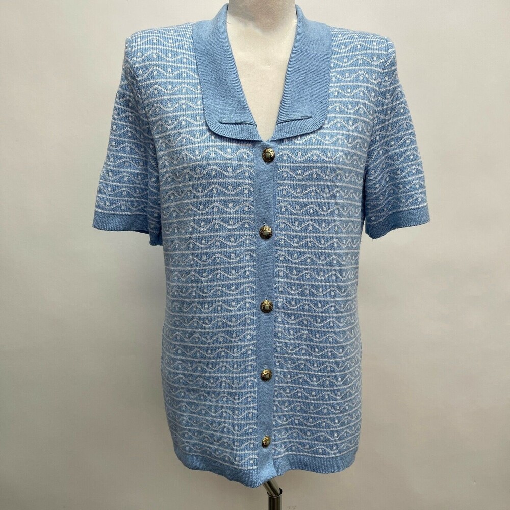 Mita Knit Sweater Size 10 Blue White Button‎ Down Short Sleeve Krinkle Spun